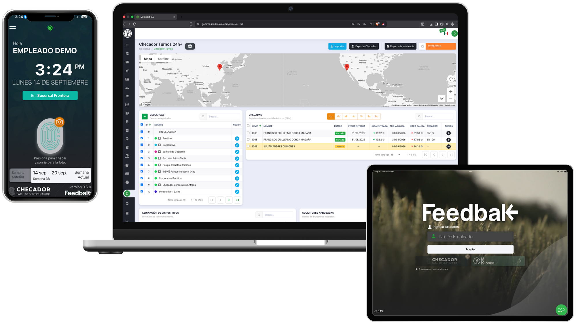Checador en laptop, teléfono y kiosko