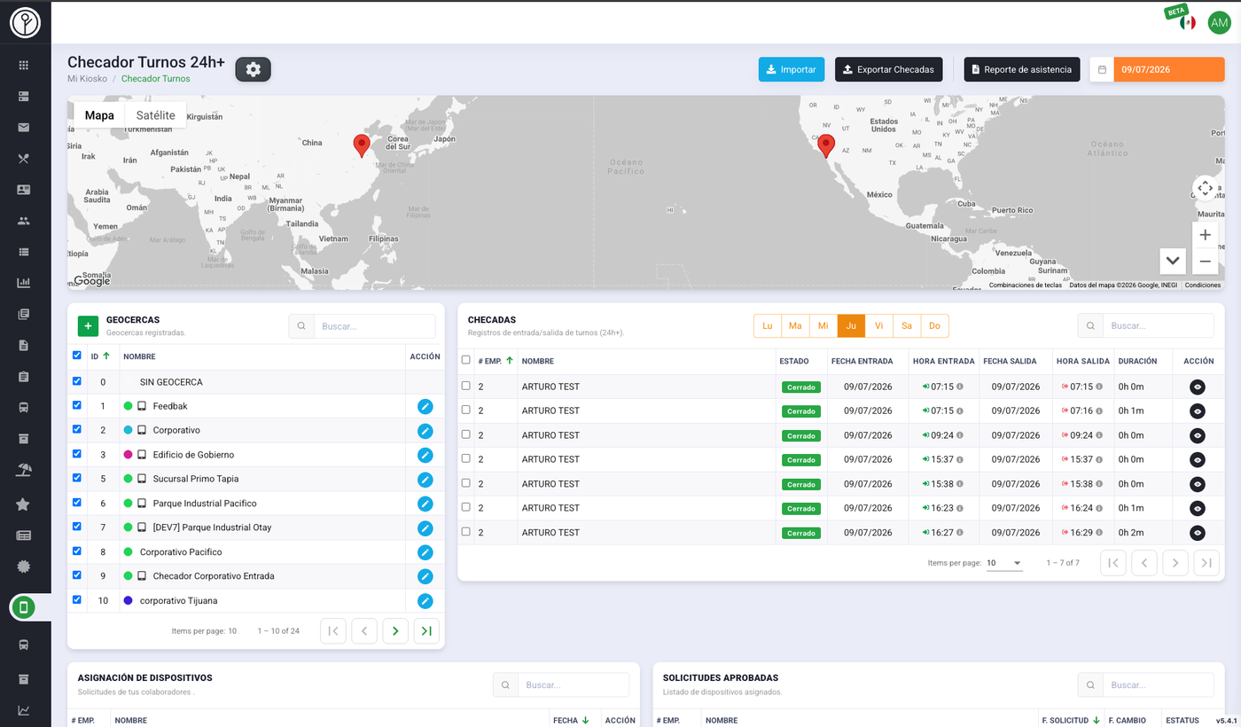 Panel de Checador Turnos 24h con mapa de geocercas y registro de entradas y salidas